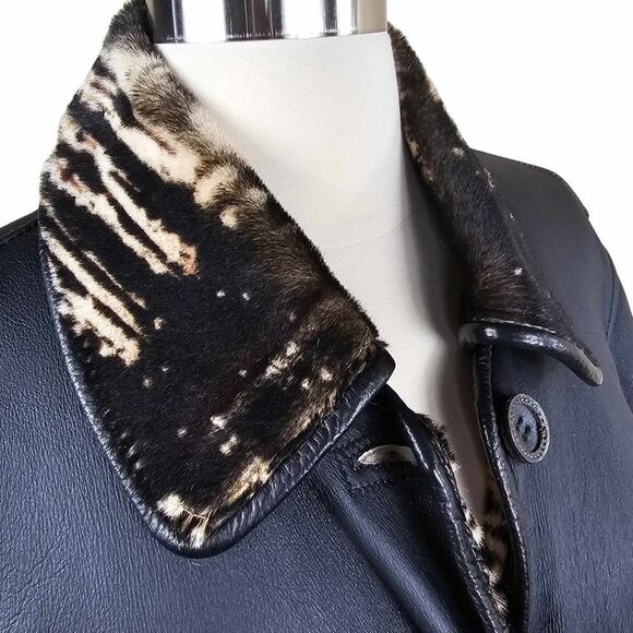 Artico Black Leather Long Trench Coat Animal Print Shearling $5,495 Size 42 - Picture 11 of 14